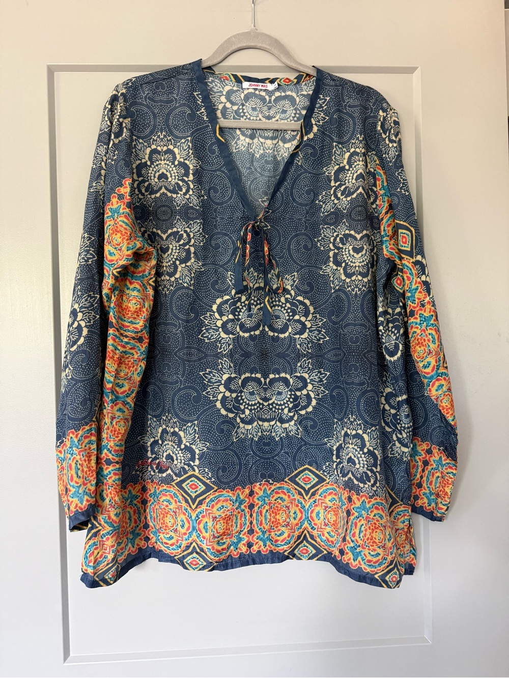 Johnny Was Silk Boho Tunic Blouse Blue Paisley Floral Top Size Large
